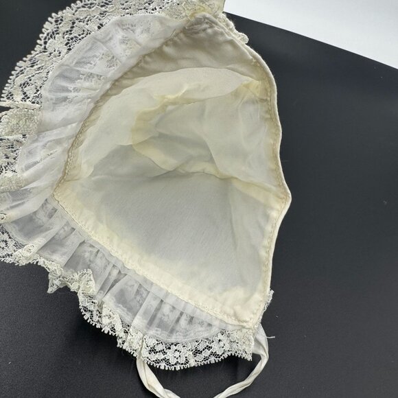 Vintage Frilly Baby Bonnet Lace Ruffle Infant Christening Hat Heirloom - Picture 7 of 16